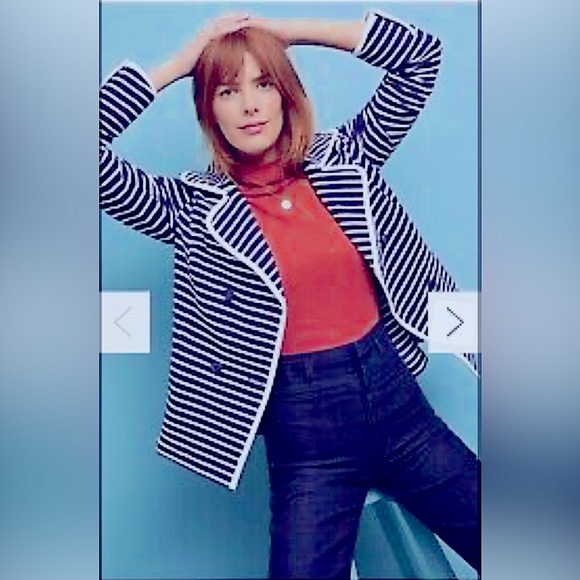 Retro Anthropologie Navy & White Striped Soft Blazer Jacket Double Breasted - Picture 16 of 16